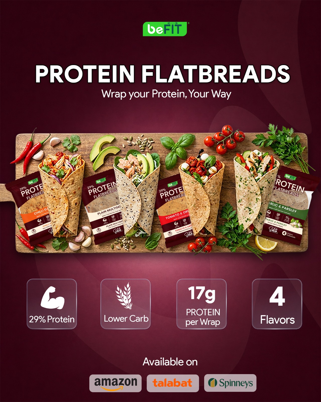 Befit Protein Flatbread four flavors and nutrition callouts