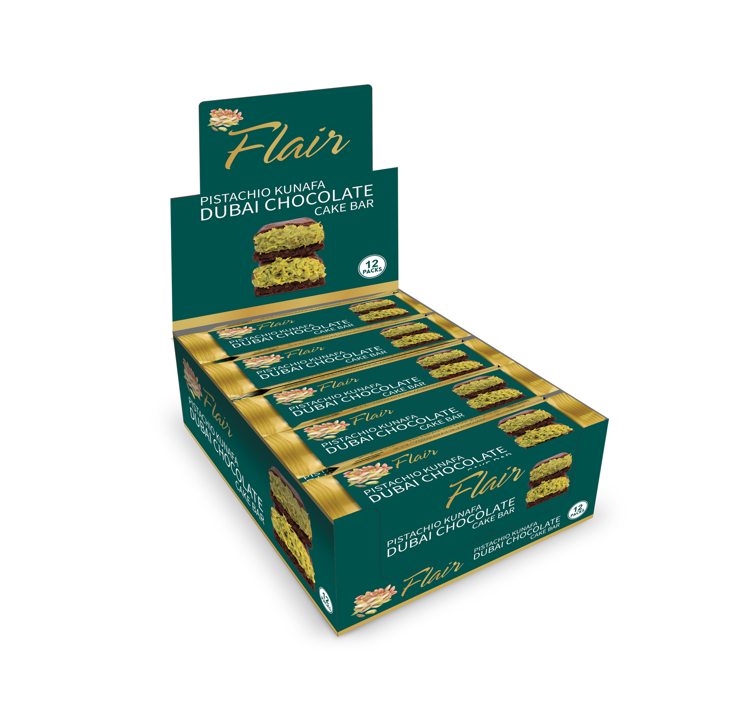 Flair Dubai Pistachio Kunafa Chocolate Cake Bar - 12pcs Box (660gm)